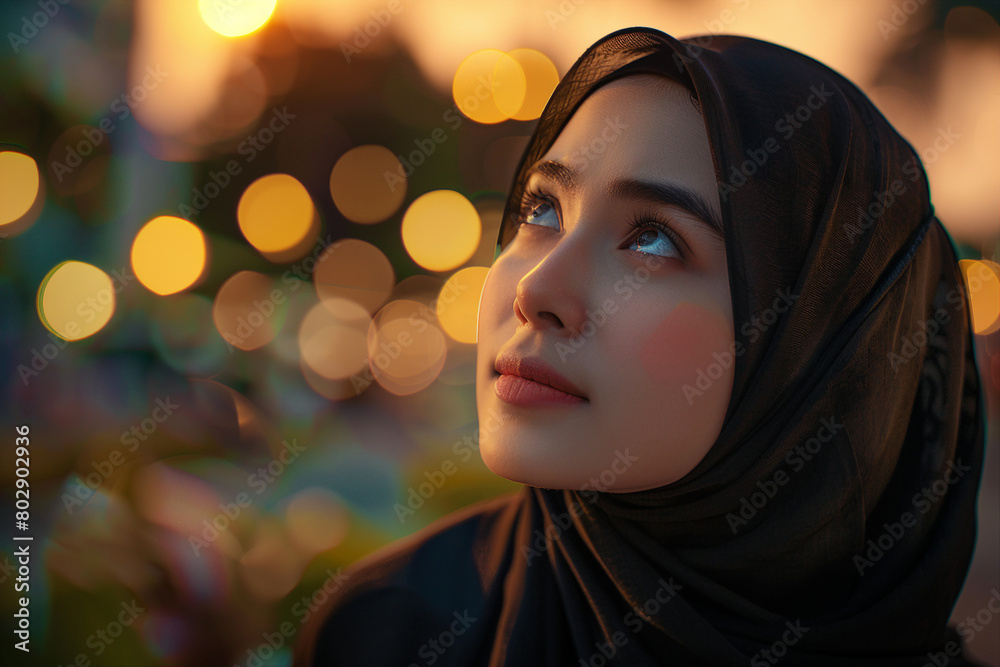 Generative AI illustration of charming abaric woman in hijab headscarf, religious woman in modern world Generative AI illustration of charming abaric woman in hijab headscarf, religious woman in modern world
