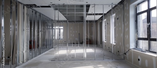 The installation process of metal frames for plasterboard-drywall in order to create gypsum walls in an apartment is currently being carried out for construction, remodeling, renovation, extension,