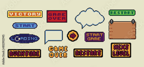 Pixel art frames. Retro 8 bit buttons, arrows, speech bubble messages and quote frame. Game UI vector template set of pixel game frame, 8 bit message illustration