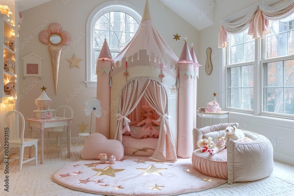 Little princess bedroom with a pink and white color scheme