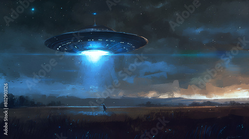UFO performing an abduction on the moors, Space craft and light beam, Generative AI 