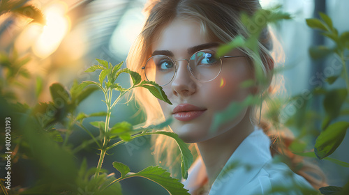 a female laboratory researcher looking at a plant in the green house, in the style of photo-realistic landscapes, lens flares photo
