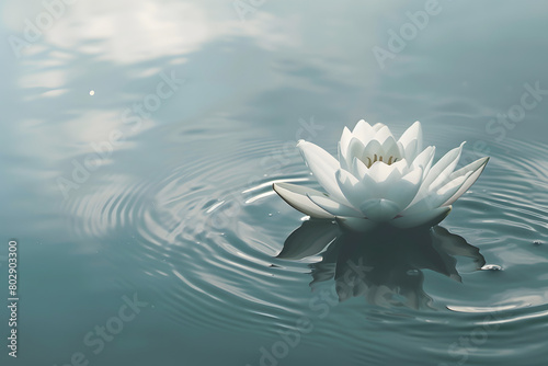 A serene and minimalist scene capturing a single lotus flower floating gracefully on the surface of tranquil  still water. The scene exudes a sense of peace and meditation  with the gentle ripples aro