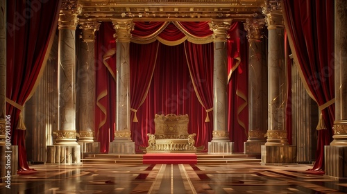 Palace throne room with a golden throne and rich velvet drapes.