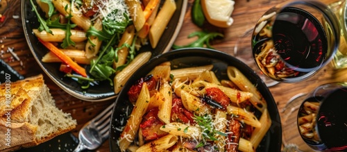 An Italian dinner featuring penne pasta, alongside a side salad and garlic bread. photo