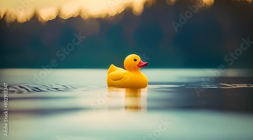 Canard jaune en plastique sur un lac photo