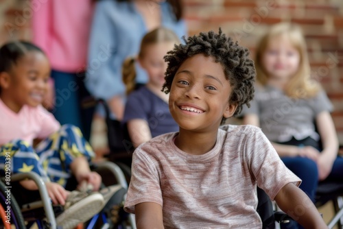 diverse kid diverse kid using wheelchair ssmiling at school with group of children in classroom. Inclusive education banner, candid moment. 