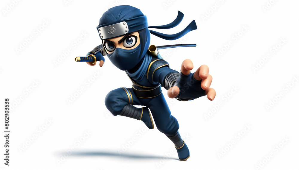 Dynamic action pose of ninja - 3D caricature-style illustration, 3D caricature-style illustration of fighting Japanese warrior, Fighting shinobi warrior - 3D caricature-style Dynamic action pose of ninja - 3D caricature-style illustration, 3D caricature-style illustration of fighting Japanese warrior, Fighting shinobi warrior - 3D caricature-style