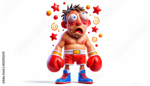 Boxer character dazed and confused - 3D cartoon render, Cartoonish boxer knocked down - 3D render with swirls, Cartoon boxer knocked out, Boxer character looking dazed © Pankaj