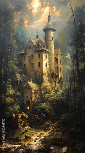germanic romanticism painting of an abandonded castle overgrown with vegetation in a geocore landscape. ambient landscape lighting, beautiful bright sunny day, heavy shading, topography photo