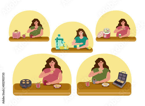 Set pregnant young woman has breakfast, drinks tea, juice, eats yogurt, waffles, toast and pancakes with jam. Electric kitchen appliances are on the table. Motherhood, pregnancy, healthy eating. 