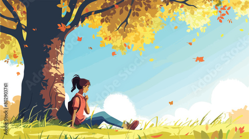Beautiful female student sitting under tree in park Vector