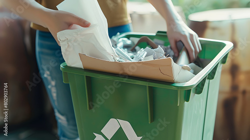 crop view hand holding a recycling bin Inside was a recycle paper photo