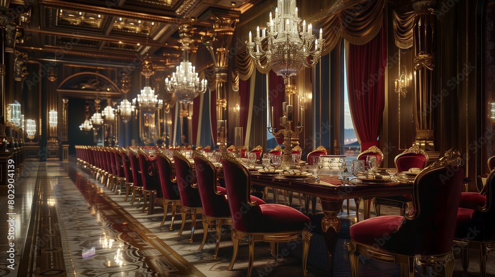 Regal palace dining room with a long banquet table and velvet chairs.