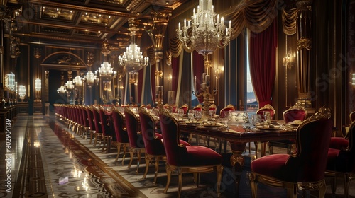 Regal palace dining room with a long banquet table and velvet chairs.