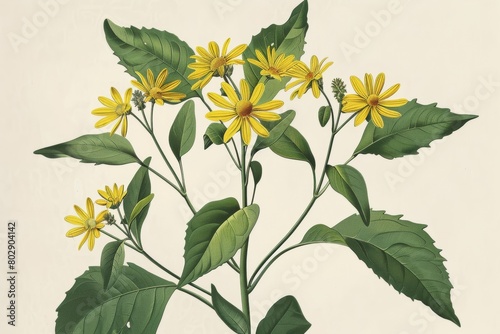 Silphium yellow flower plant retro  vintage  botanical illustration photo