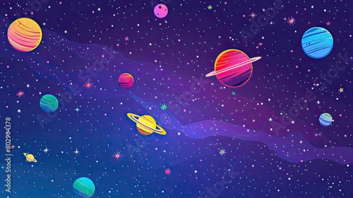 Colorful illustration of a whimsical outer space scene with various stylized planets and stars on a purple background