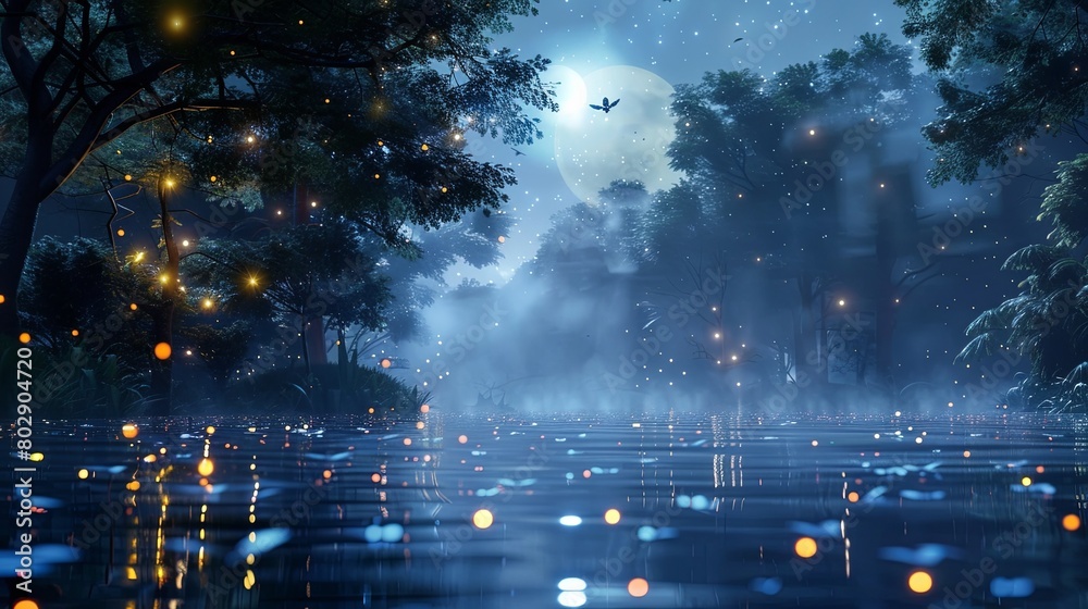 3d rendering of magical river at night with glowing fireflies in forest