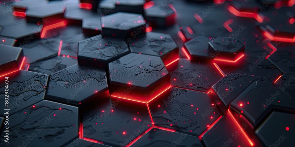 Black and red abstract background with hexagon shapes, glowing light effects on the edges of black metallic elements. Modern wallpaper design for digital marketing or technology themes Black and red abstract background with hexagon shapes, glowing light effects on the edges of black metallic elements. Modern wallpaper design for digital marketing or technology themes