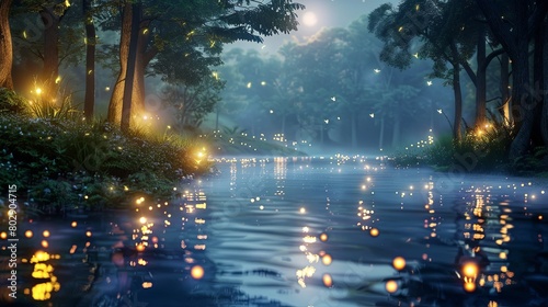 3d rendering of magical river at night with glowing fireflies in forest © EnelEva