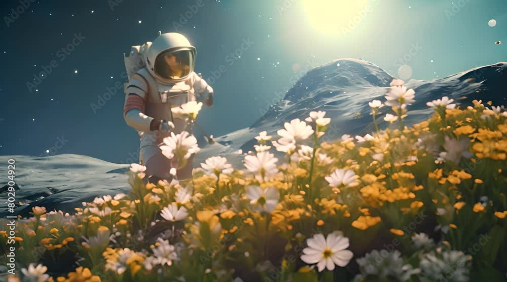 Astronaute sur une planète fleurie