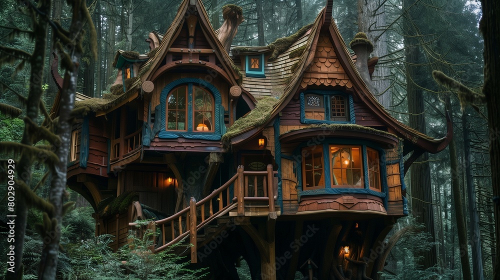 Quirky treehouse in a whimsical forest setting.