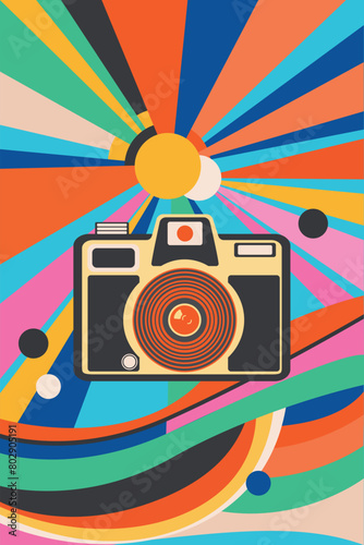bright vibrant colors retro poster with a flat style camera