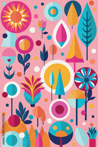 bright color background with abstract shapes and figures like fliwers and trees on a pink background