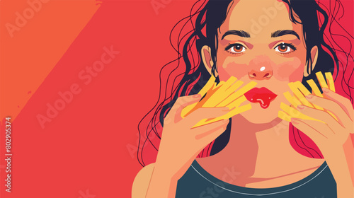Beautiful happy young woman eating french fries with