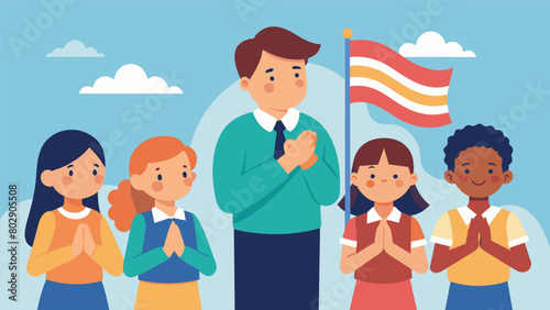 A group of school children eagerly watch as their teacher leads the ceremony instructing them on the proper way to hoist the flag. With small hands. Vector illustration