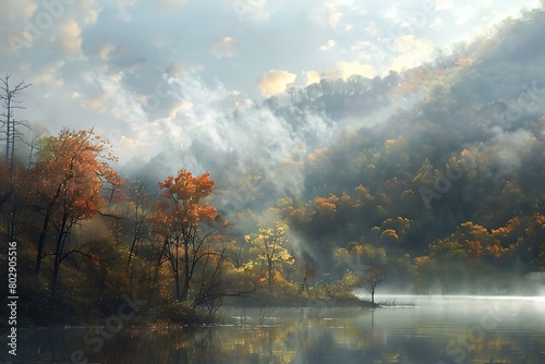 Misty autumn morning in a peaceful valley