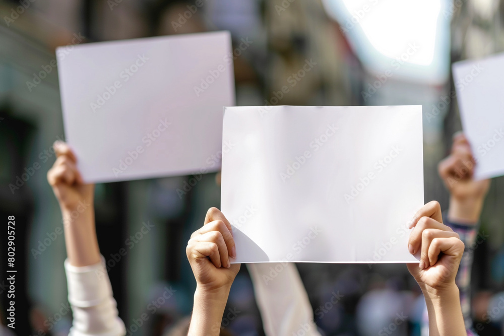 A huge crowd with a white paper banner in their hands protests on the street A huge crowd with a white paper banner in their hands protests on the street