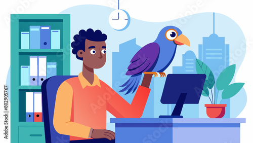 In an office setting a therapy parrot sits on the shoulder of a young adult with OCD providing a source of distraction and levity during times of high. Vector illustration