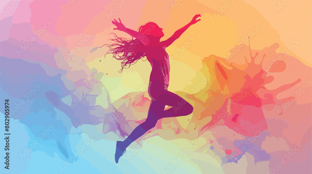 Beautiful jumping young woman on color background Vector