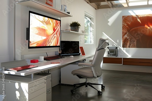 Modular home office with ergonomic furniture and digital art display