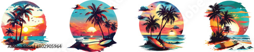 Beach Sunset Vector Illustration: Palm Trees, Surfboard, Vibrant Colors, Flat Design