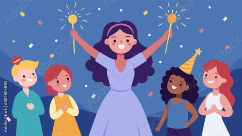 A girl carefully holding her sparkler away from her dress while her friends cheer her on.. Vector illustration