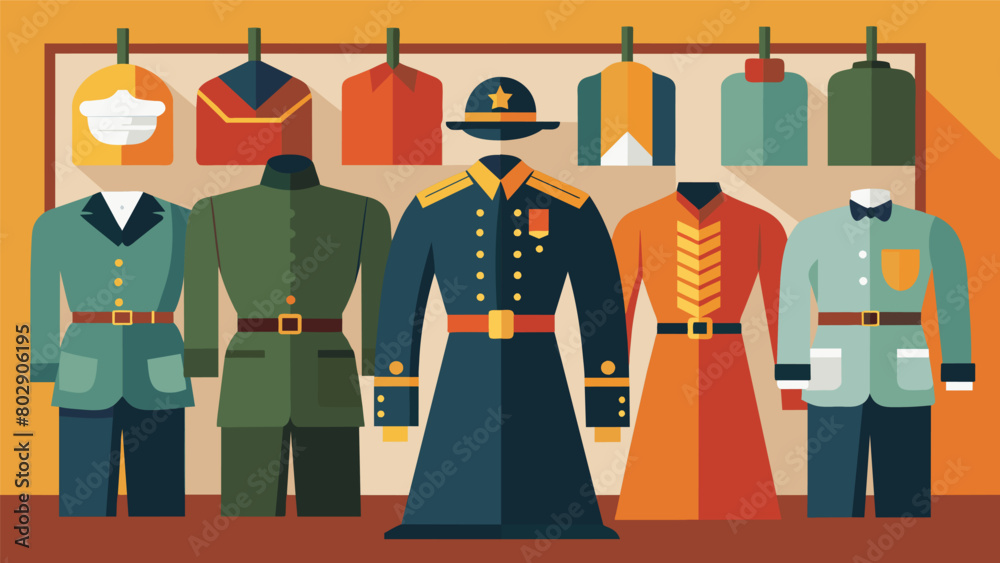 An exhibit featuring a variety of military uniforms including American