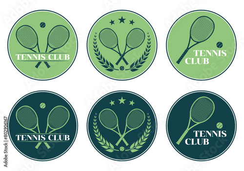 Tennis club logo, icon or badge set with crossed rackets and tennis ball. Sport symbol design. Vector illustration.