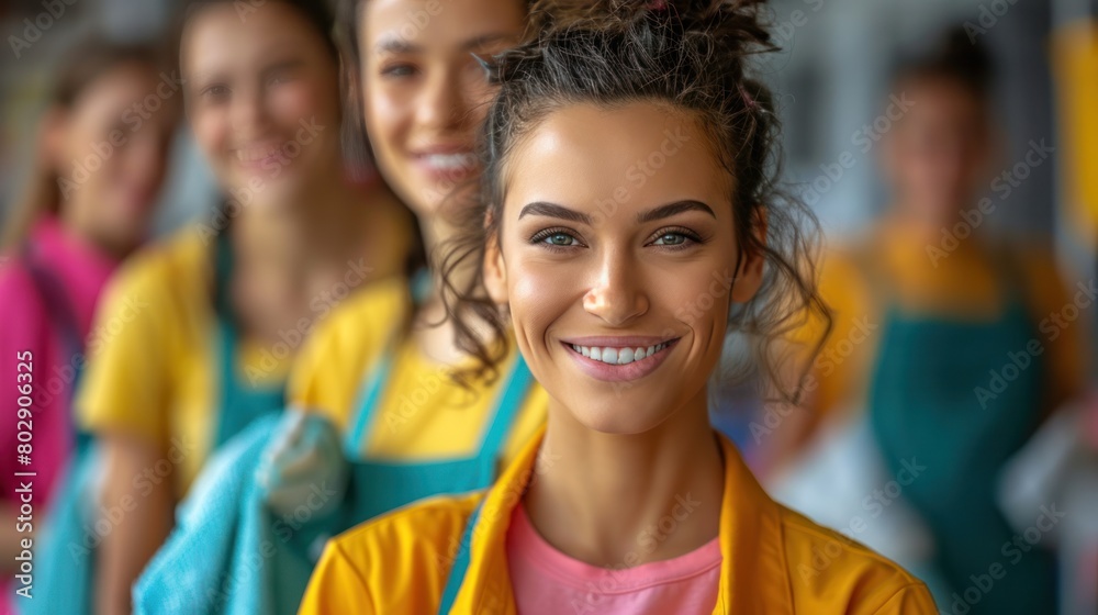 A lively team of cleaning staff Dress in uniform and gloves. Radiant positivity as they come together to create a cheerful image. Having a cleaning cloth on hand