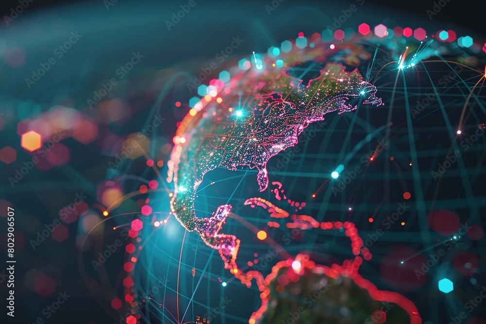 Abstract globe focusing on North America, illustrating technology and economy concept, representing interconnected digital and financial networks Abstract globe focusing on North America, illustrating technology and economy concept, representing interconnected digital and financial networks