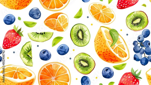 Vibrant Watercolor Fruit Pattern on White Background  Citrus  Berries  Orange
