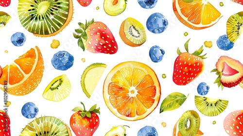Vibrant Watercolor Fruit Pattern on White Background  Citrus  Berries  Orange