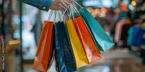  hand holding shopping bags on defocused background for shopping shopper holding multiple shopping bags filled with Black Friday purchases photo