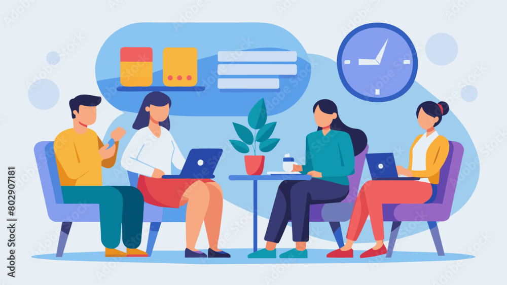 The company provided designated break times during the interview for candidates with anxiety or burnout to take a moment to relax and recharge.. Vector illustration The company provided designated break times during the interview for candidates with anxiety or burnout to take a moment to relax and recharge.. Vector illustration