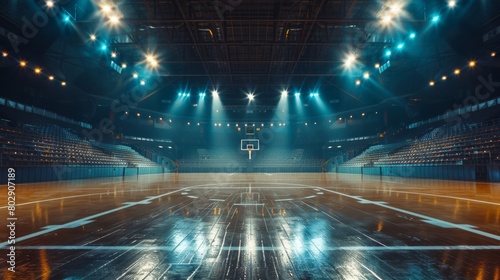 Dramatically lit empty basketball court showcasing the glossy wooden floor and arena seating © alphaspirit