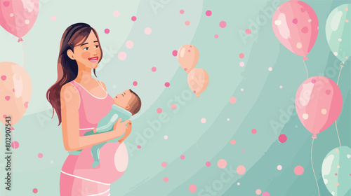 Beautiful pregnant woman with baby clothes and air background