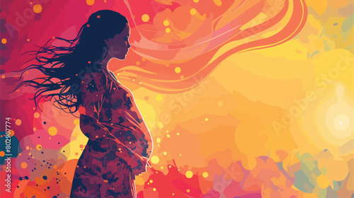 Beautiful pregnant woman with sonogram image on color photo