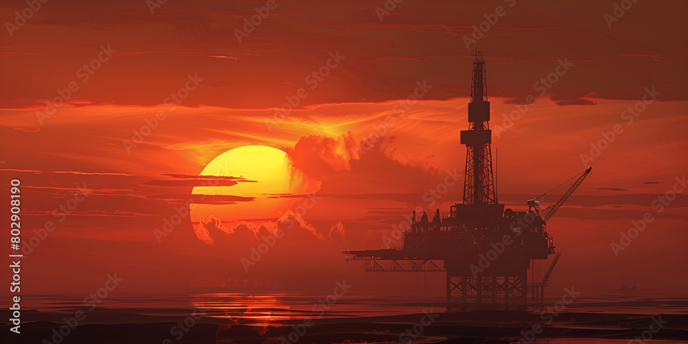 Offshore Oil Rig Industrial Structure in the Open Sea with sunset
