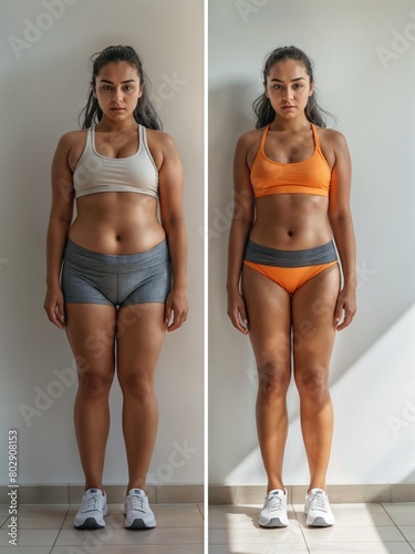 The before and after images showcase changes in a woman's figure in a bikini. Toned arms, legs, and abdomen. Her chest and waist appear slimmer, her thigh muscles are more defined in after-picture